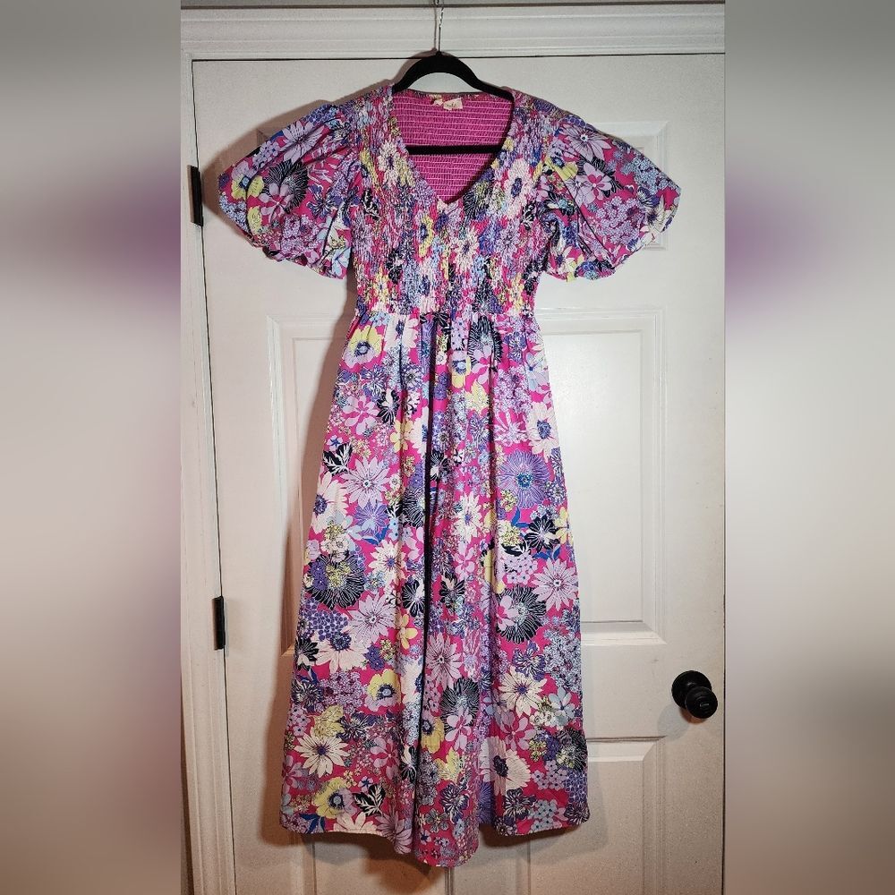 NWOT Listicle Colorful Floral Bodiced Retro Melon Sleeves Maxi Dress S